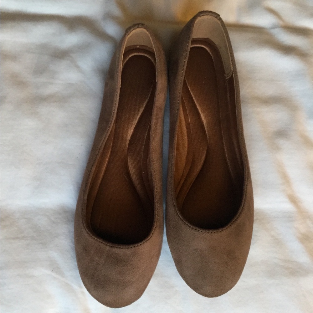 Tan suede flats with soft plush insole